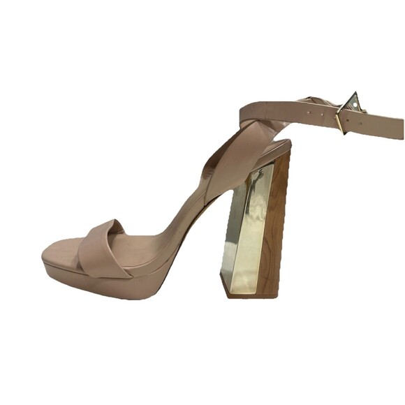 Aldo Platform High Heels Womens SZ 10 M Tan/Wood Grain Chunky Heels Gold Accent - Picture 1 of 7
